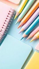 A collection of pastel colored pencils and notebooks are neatly arranged on a light blue surface, creating a soft and inviting aesthetic.