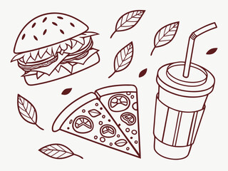 Craving comfort food? Delicious burger, pizza slices, and a refreshing drink outline design for menu or sticker art, perfect for foodies and restaurant branding