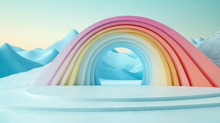 A surreal, abstract landscape featuring a pastel-colored rainbow archway as an entrance, set against stylized snowy mountains and a soft, gradient sky.