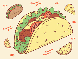 Delicious cartoon taco filled with fresh ingredients, surrounded by tasty treats, perfect for menus, food blogs, and cheerful designs, vibrant and funtaco, food, cartoon, delicious, fresh, meal, lunch