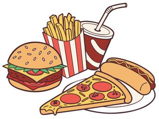 Delicious fast food feast featuring juicy burger, crispy fries, refreshing soda, cheesy pizza, and tasty hotdog ready for a satisfying meal experience
