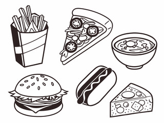 Delicious Fast Food Line Art Icons: Burger, Fries, Pizza, Hotdog, and Soup Ready for Branding and Menu Designs in Black and White Style