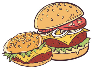 Delicious hand-drawn burgers with fresh ingredients, ready for your next foodie adventure, perfect for menus, promotions, and digital designs needing a fun, yummy touch