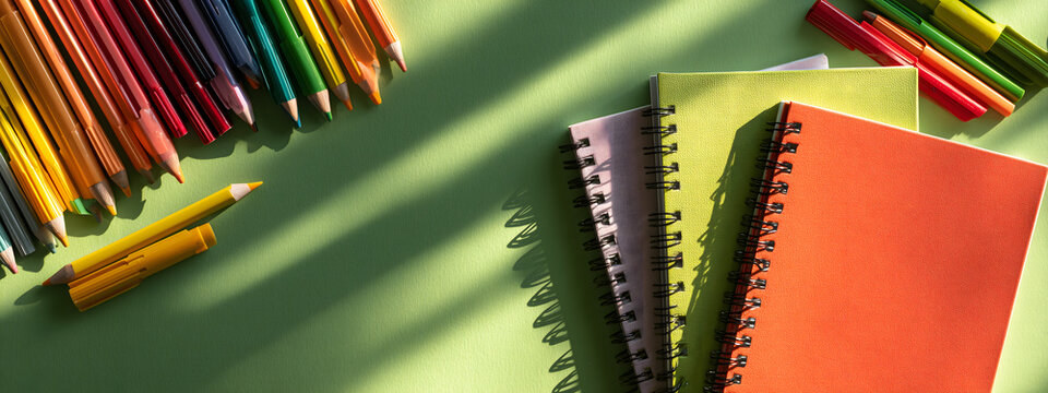 Vibrant colored pencils and stacked spiral notebooks on a green desk, top view