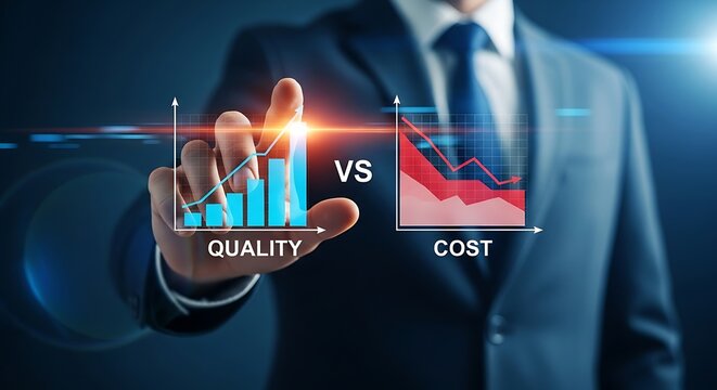 Professional growth strategy showing quality versus cost analysis with modern graphs and charts for business success and financial planning insights