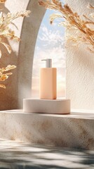 A peach-colored dispenser bottle sits on a textured pedestal, framed by a stone archway and dried grass, bathed in warm golden hour sunlight.