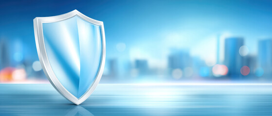 Shiny shield fingerprint concept for digital security and data protection in modern cityscape