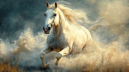 Fototapeta premium Painting depicting a galloping white horse