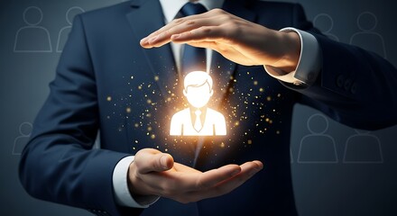 Attracting top talent with brilliant strategy and care, a businessman displays a protected icon, symbolizing employee benefits and human resources