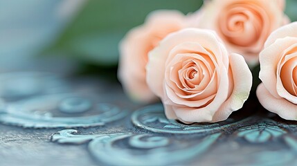 A close-up shot of several delicate peach-colored roses resting on an ornate, teal-colored surface. The background is softly blurred, suggesting a gentle, roman