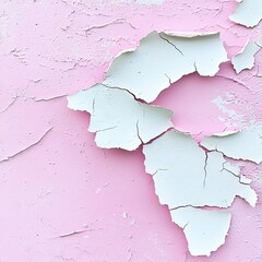 Close-up of a textured surface showing peeling pink paint revealing a white undercoat, creating abstract patterns and cracks.