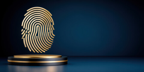 Gold fingerprint emblem hovering above podium elegant security concept with dramatic lighting