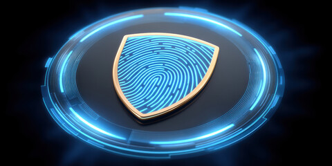 Digital fingerprint shield glowing with blue biometric lines and futuristic security aura