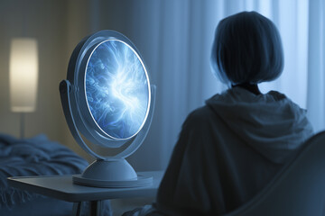 A futuristic bedroom with an AI emotion mirror displaying abstract visuals, creating a soft and calming tech-integrated environment.