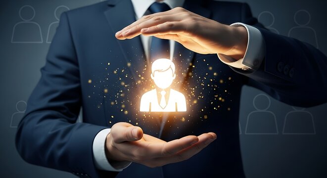 Attracting top talent with brilliant strategy and care, a businessman displays a protected icon, symbolizing employee benefits and human resources