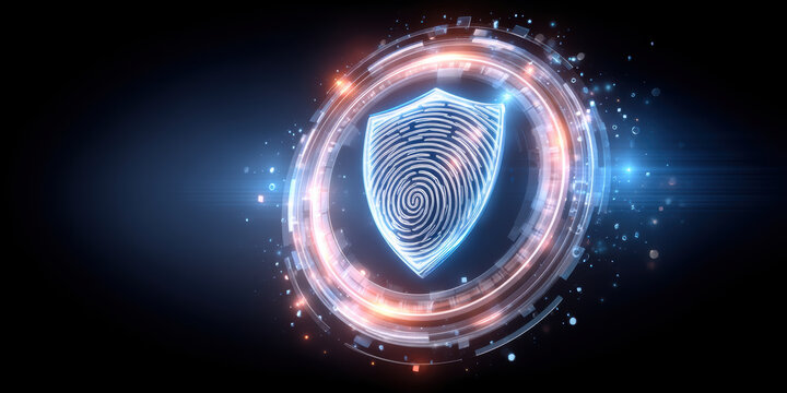 Holographic fingerprint shield glowing in digital security interface - Powered by Adobe