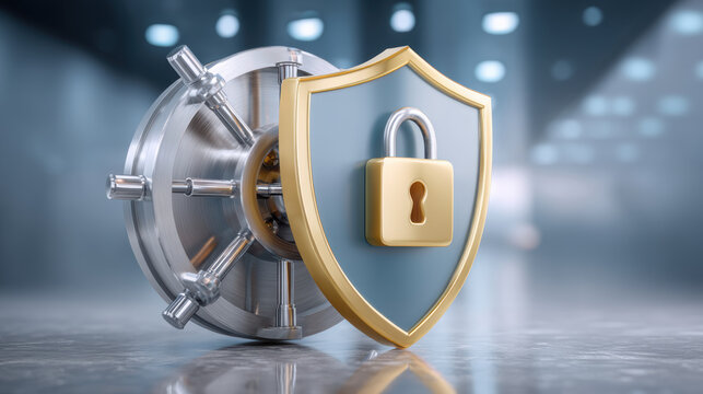 Secure shield with lock and fingerprint symbolizes vault protection and digital access control
