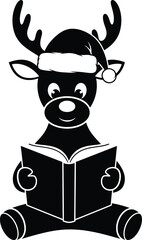 Reindeer reading book wearing santa hat silhouette vector