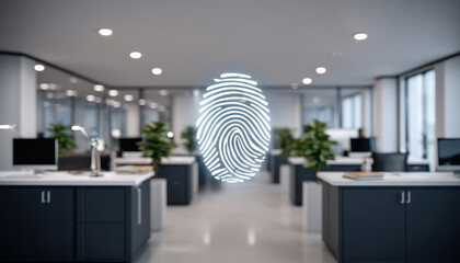 Modern office with glowing fingerprint security overlay conveying biometric access control