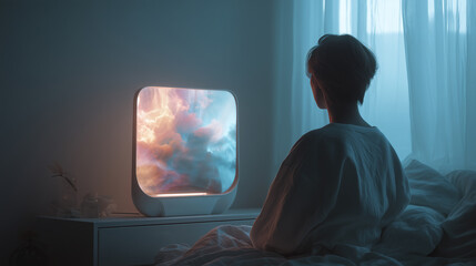 A futuristic bedroom with an AI emotion mirror displaying abstract visuals, creating a soft and calming tech-integrated environment.