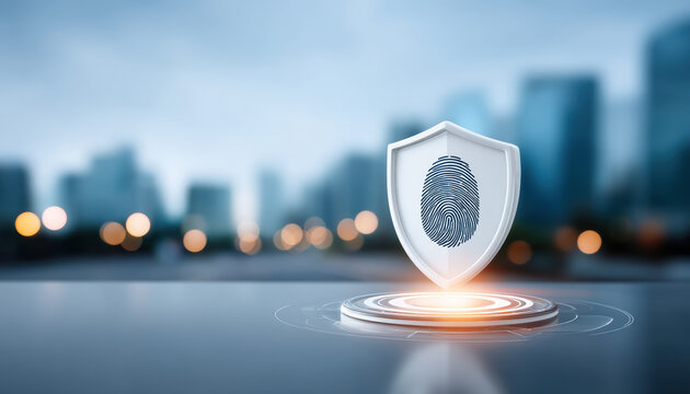 Fingerprint security shield icon digital pedestal glowing with city bokeh lights and cyber
