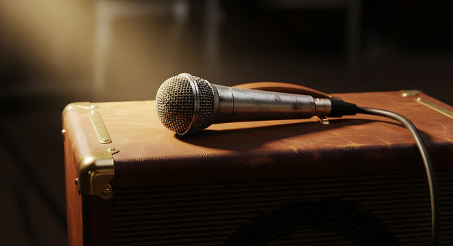 Close-up of a Vintage Microphone Resting on a Leather Guitar Amplifier audio equipment