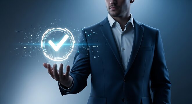 Professional businessman presents a digital checkmark in his hand, illustrating success and validation for business solutions and digital marketing