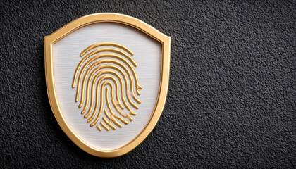 Gold shield fingerprint emblem on textured black background evokes secure identity and protection
