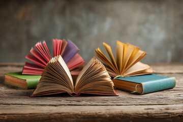 Vintage open books on a rustic wooden table, symbolizing knowledge and education