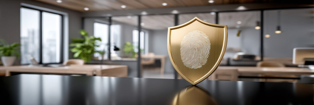 Golden shield with fingerprint symbol standing on modern office desk conveying security and trust