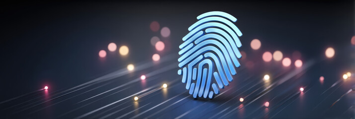 Blue fingerprint icon glowing on dark surface with soft bokeh lights and futuristic lines