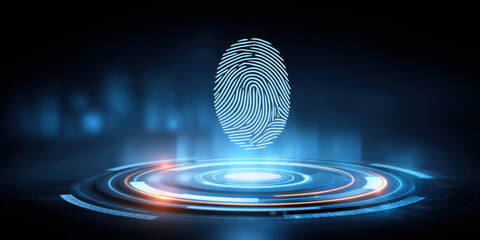 Futuristic fingerprint hologram hovering above glowing biometric scanner with blue light