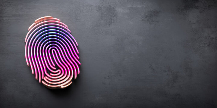 Neon fingerprint on dark textured surface glowing magenta and blue with modern cyber vibe