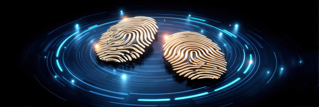 Gold fingerprint on digital background evokes biometric security and identity protection - Powered by Adobe