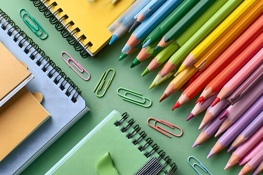 Vibrant colored pencils, spiral notebooks, and paper clips organized for creative work. - Powered by Adobe