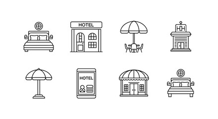 Linear hotel and travel icons featuring umbrellas and buildings