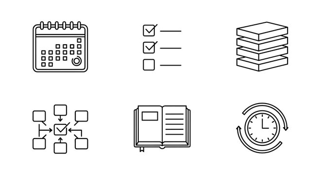 Linear style icons of calendar, checklist, books, diagram, open book, and clock