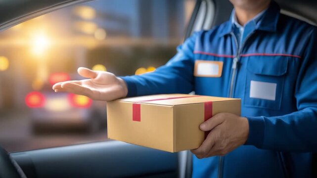 Prompt Delivery: A delivery person extending a package in a vehicle, capturing the essence of fast, efficient, and reliable service. 