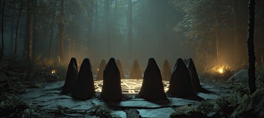 A circle of hooded figures in a misty forest, around a glowing symbol on a stone floor