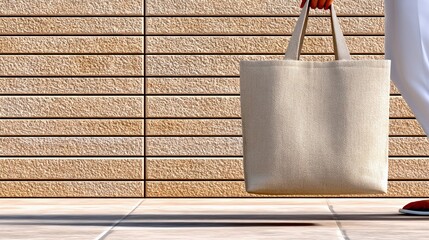 A person's hand holds a plain, light-colored canvas tote bag, walking outdoors with a textured brick wall in the background. The scene is illuminated by natural