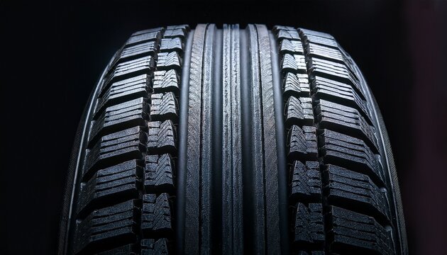 closeup photo of a black tire against a dark background highlighting rubber texture tread pattern and modern automotive product concept for web banner advertising use
