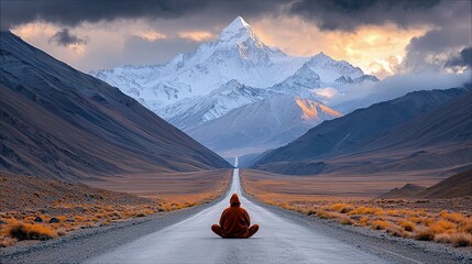 A person in an orange hooded jacket sits cross-legged on an asphalt road, facing a majestic snow-capped mountain range under a dramatic sunset sky. The scene ev