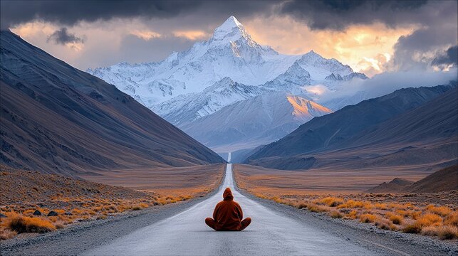 A person in an orange hooded jacket sits cross-legged on an asphalt road, facing a majestic snow-capped mountain range under a dramatic sunset sky. The scene ev - Powered by Adobe