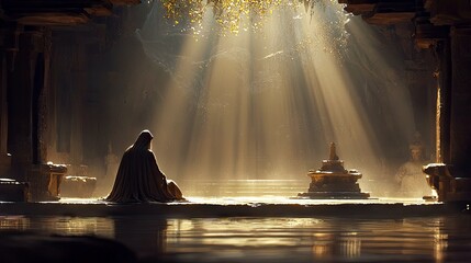 A person in a hooded robe sits in meditation within an ancient, dimly lit temple. Dramatic sunbeams pierce through the ceiling, illuminating dust motes and refl