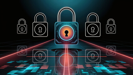 Digital security concept with glowing padlock icons and futuristic grid creating safe online environment