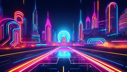 bright neon glowing sign with futuristic cityscape at night nighttime scenes