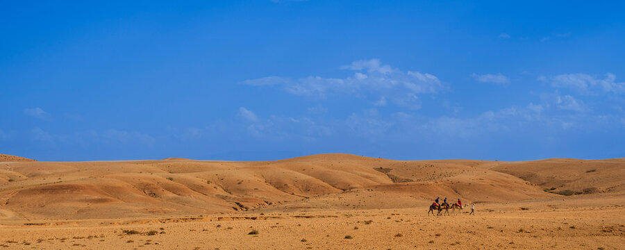 Expansive desert landscape with blue sky and small group of people riding camels in the distance. Agafay desert, Marrakesh-Safi, Morocco