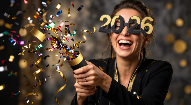 Happy woman wearing 2026 party glasses celebrating New Year with a confetti popper. Cheerful party scene with colorful confetti explosion and golden bokeh background. - Powered by Adobe