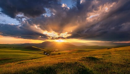 Fototapeta premium warm sunlight breaks through dense clouds illuminating a tranquil landscape with vibrant colors and soft textures cloudy sky beautiful weather