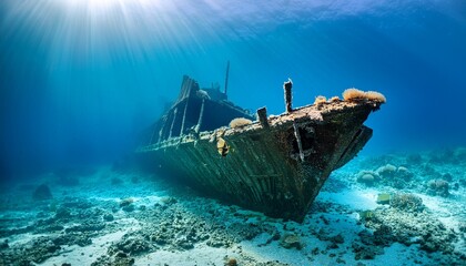 underwater exploration of a sunken shipwreck deep in the ocean capturing the mysterious ruins and marine life illuminated by sunlight perfect for showcasing the allure of underwater archaeology